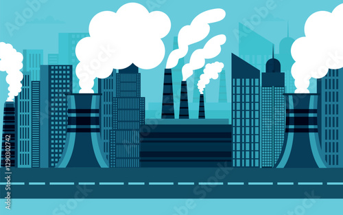 Smog pollution. Chimneys and factory pipes with smoke clouds. Industrial factories landscape. Emission of chemicals, air polluted recent vector scene