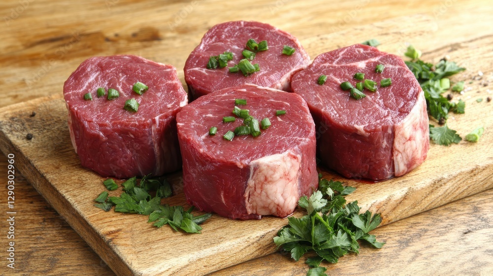 Fresh raw beef cuts laid on a wooden surface with herbs and green onions for cooking preparation Fresh raw beef cuts laid on a wooden surface with herbs and green onions for cooking preparation