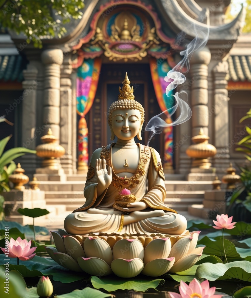 A peaceful temple scene featuring a Buddha statue, incense smoke, and intricate wooden carvings.
A peaceful temple scene featuring a Buddha statue, incense smoke, and intricate wooden carvings.