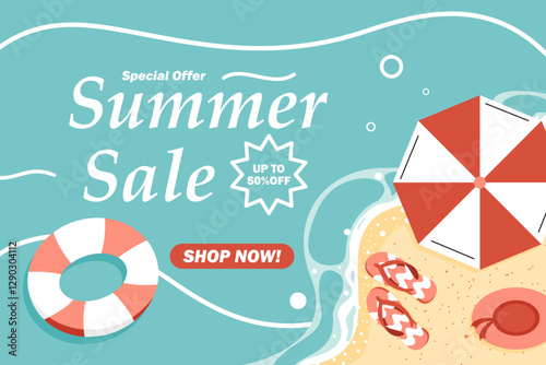 Vector illustration for a Summer Sale with 'Up to 50% Off' on a beach. Includes umbrella, inflatable ring, flip-flops, and hat, perfect for summer promotions and discounts.