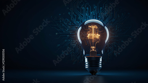 Glowing Light Bulb with Circuit Board Filament Symbolizing Innovation Technology Artificial Intelligence and Futuristic Digital Advancements in Dark Background