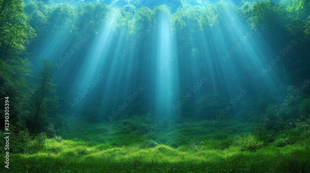 Sunlight streams forest glade Sunlight streams forest glade