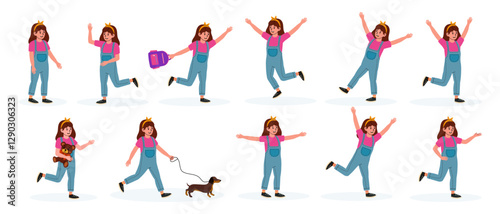 Young girl celebrating with a crown, engaging in joyful activities in different poses