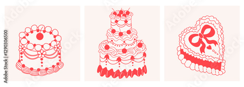 Set of cute retro lambeth cakes with cherries and strawberries in coquette style.Hand drawn nostalgic dessert vector illustration. Funny birthday background, poster, social media banner.