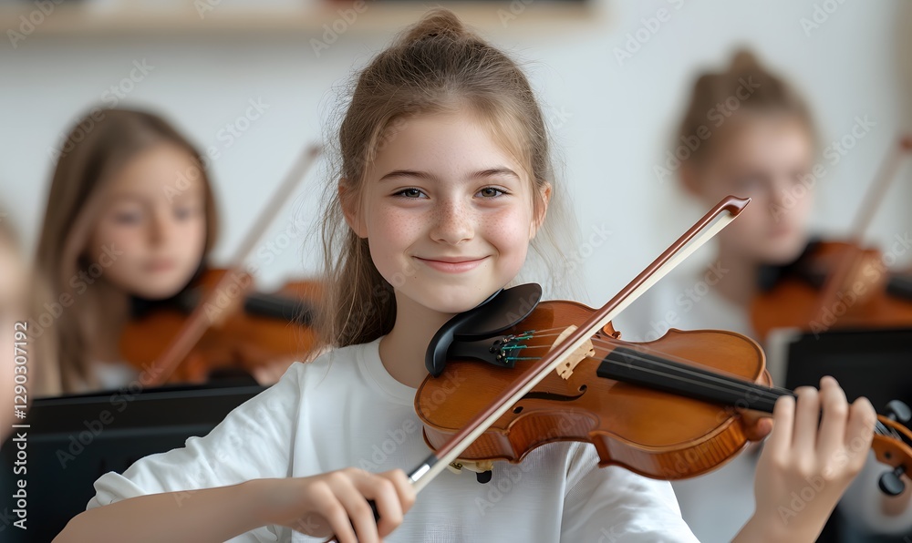 Smiling girl playing violin looking at camera surrounded by classmates in classroom, Generative AI Smiling girl playing violin looking at camera surrounded by classmates in classroom, Generative AI