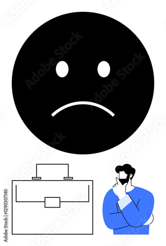 Sad face icon represents disappointment briefcase symbolizes work man thinking reflects problem-solving. Ideal for workplace struggles, mental health, decision-making, career setbacks