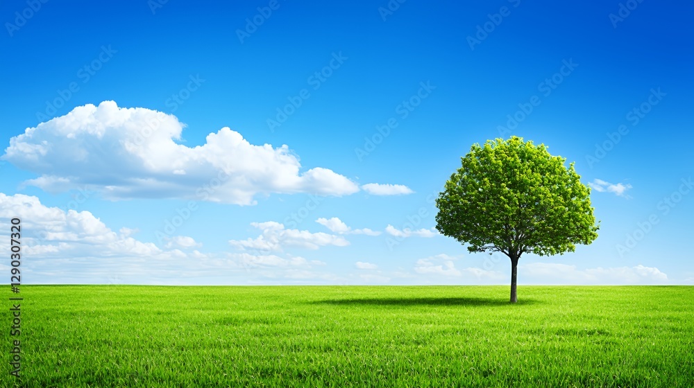 Single Tree in a Green Field Under a Blue Sky