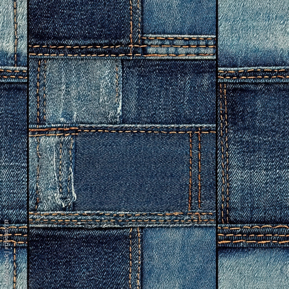 A close-up view of patched denim fabric showcasing a unique blend of textures and colors for an artistic appeal Seamless Texture concepts A close-up view of patched denim fabric showcasing a unique blend of textures and colors for an artistic appeal Seamless Texture concepts
