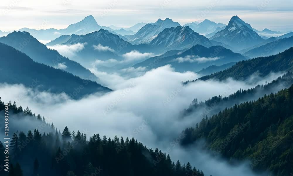 Misty mountain ranges, serene valleys, forests, tranquil scene, scenic vista, perfect for nature wallpaper Misty mountain ranges, serene valleys, forests, tranquil scene, scenic vista, perfect for nature wallpaper