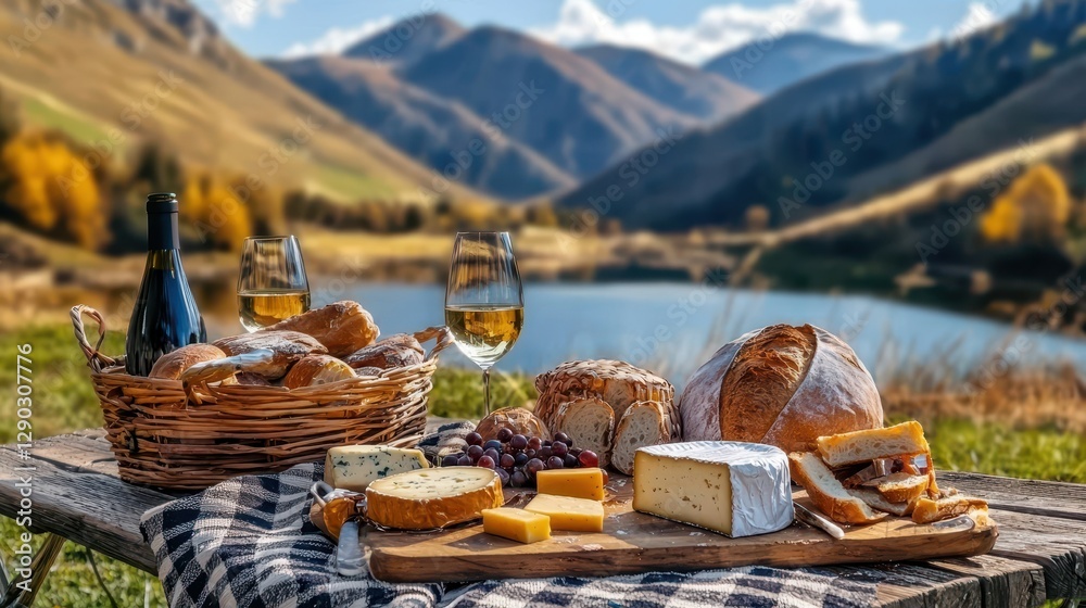 Fototapeta premium Mountain view picnic scenery greenery concept. A picturesque picnic scene featuring an array of cheeses, bread, and wine set against stunning mountain and lake views.