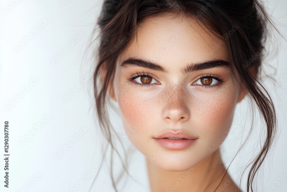 Detailed Hyper-realistic portrait of a beautiful brown-eyed woman using a skincare product on a pure white background, isolated, sharp details, professional studio lighting Detailed Hyper-realistic portrait of a beautiful brown-eyed woman using a skincare product on a pure white background, isolated, sharp details, professional studio lighting