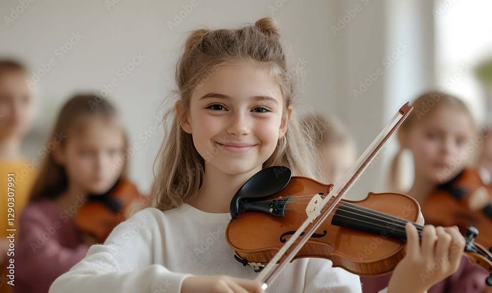 Smiling girl playing violin looking at camera surrounded by classmates in classroom, Generative AI Smiling girl playing violin looking at camera surrounded by classmates in classroom, Generative AI