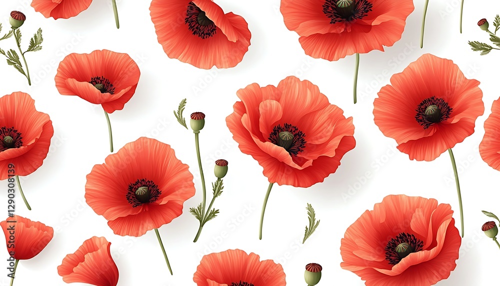 Obraz premium Vivid Poppy Pattern on White Background