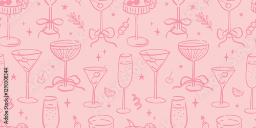 Seamless pattern with various alcohol drinks. Hand drawn ink vector illustration. Elements for poster, social media, banners, invitation. Trendy coquette core template.  