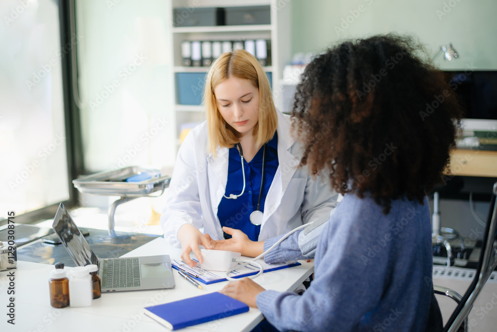 Fototapeta premium Professional healthcare scene featuring a doctor performing a patient checkup in a clinical setting