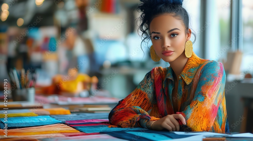 Fototapeta premium fashion designer sketching and arranging fabrics on mannequin in creative studio