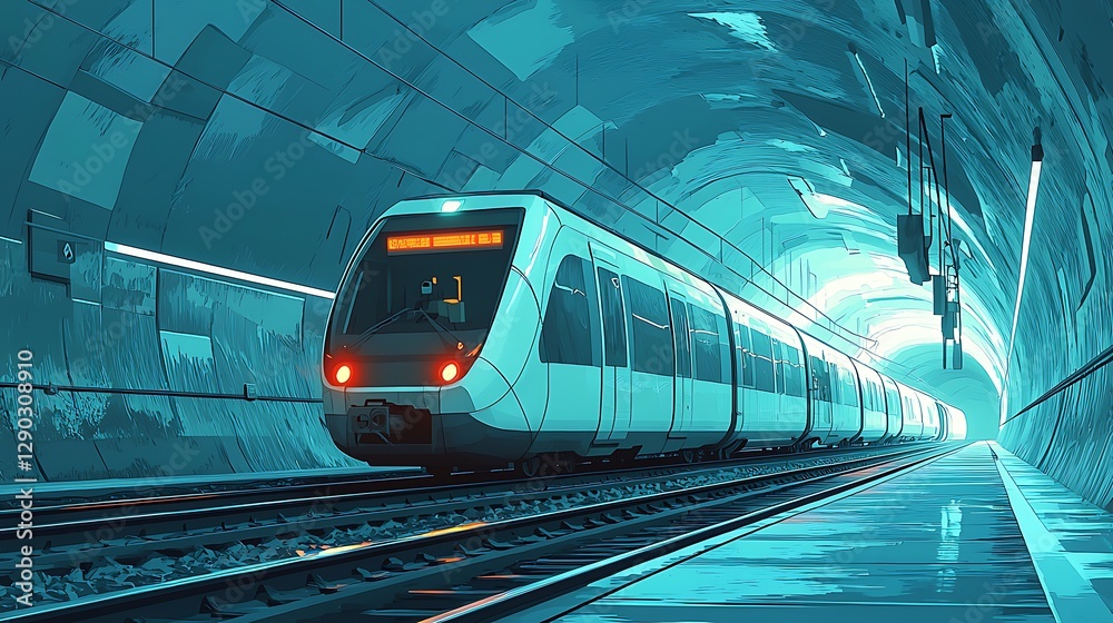 Fototapeta premium Modern Train Emerging from Tunnel.