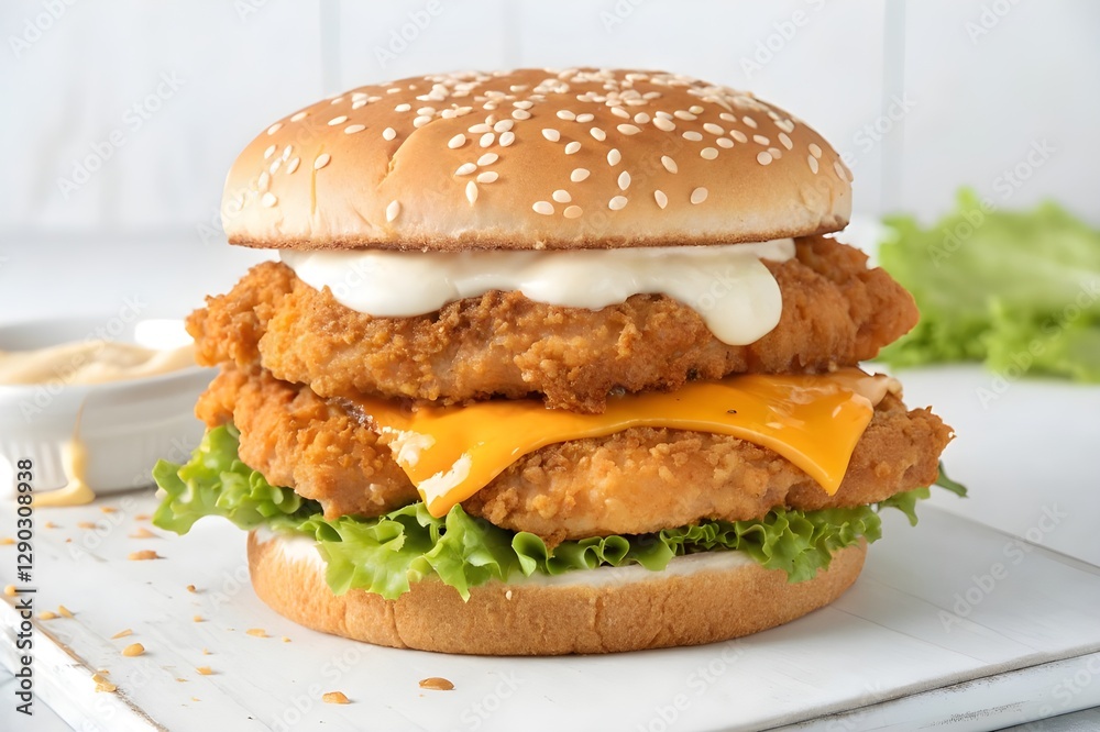 Professional studio photography of a fried chicken burger, with melted cheese and mayo sauce and orange sauce, 4k, ultra realistic, realistic style, with NO sesame seeds on the bun, soft bun, white Professional studio photography of a fried chicken burger, with melted cheese and mayo sauce and orange sauce, 4k, ultra realistic, realistic style, with NO sesame seeds on the bun, soft bun, white