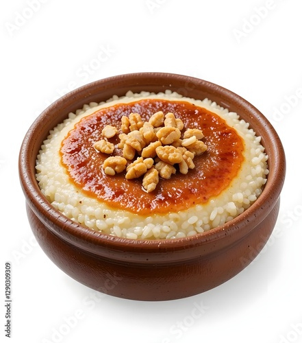 Traditional Turkish sütlaç served in an earthenware bowl, topped with caramelized sugar and crushed nuts. A creamy, baked rice pudding dessert with a rich and indulgent flavor