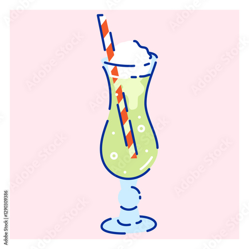 Glass of green melon Cream soda trendy soft drink with cherry. Hand drawn vector illustration. Elements for poster, social media, banners, invitation. Cute kawaii style non alcohol floating cocktail.