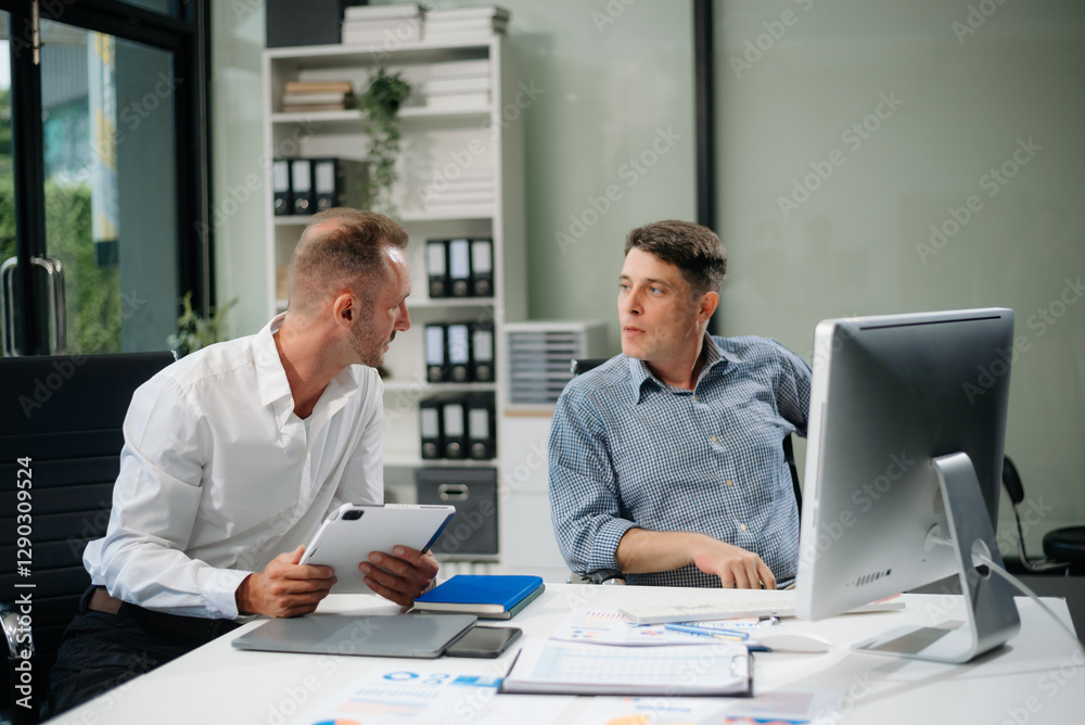 Two business workers talking on the smartphone and using laptop Two business workers talking on the smartphone and using laptop