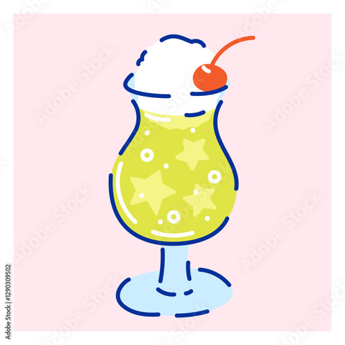 Glass of green melon Cream soda trendy soft drink with cherry. Hand drawn vector illustration. Elements for poster, social media, banners, invitation. Cute kawaii style non alcohol floating cocktail.