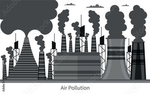 Vector of industrial factory buildings, polluting air with electricity tower, chimney, and smoke or fog air pollution