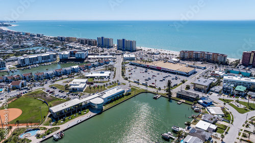 Madeira Beach, FL, USA - 02-23-2025:  Winter aerial image of the vacation beach community, Madeira Beach, on the Gulf of Mexico.