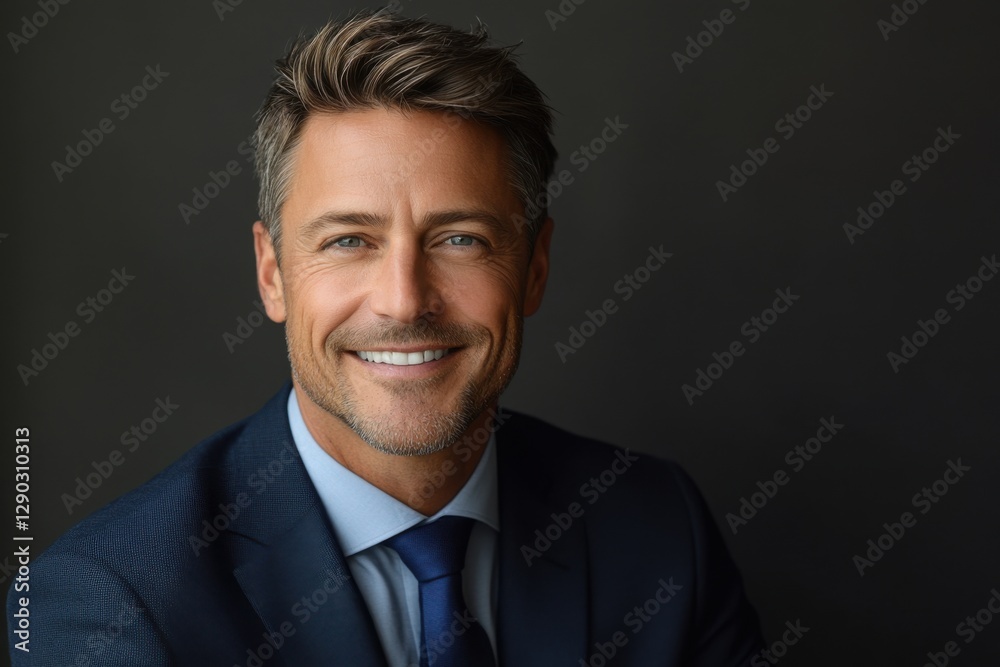 flat gray background, a professional businessman in a navy-blue suit, confident smile, corporate headshot, soft and even lighting flat gray background, a professional businessman in a navy-blue suit, confident smile, corporate headshot, soft and even lighting