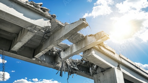 Ruined Concrete Bridge Section with Exposed Rebar Under Bright Blue Sky and Clouds