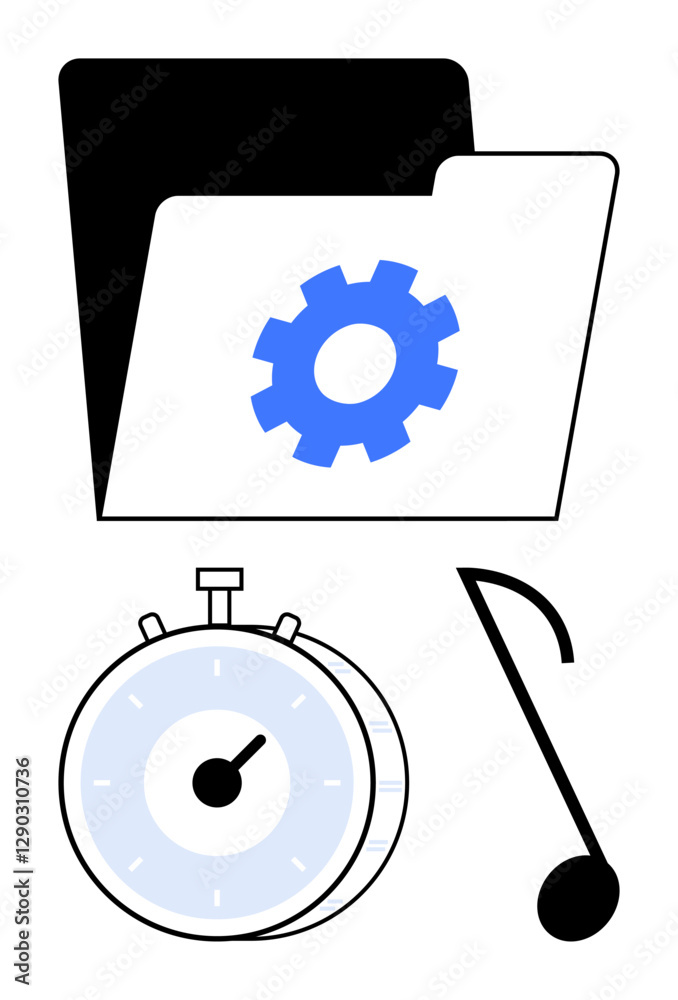 Folder with gear for system settings, stopwatch for time management, and music note for creativity. Ideal for organization, productivity, tech processes, time tracking, creativity, digital tools Folder with gear for system settings, stopwatch for time management, and music note for creativity. Ideal for organization, productivity, tech processes, time tracking, creativity, digital tools