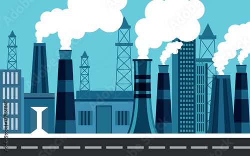 Vector of industrial factory buildings, polluting air with electricity tower, chimney, and smoke or fog air pollution