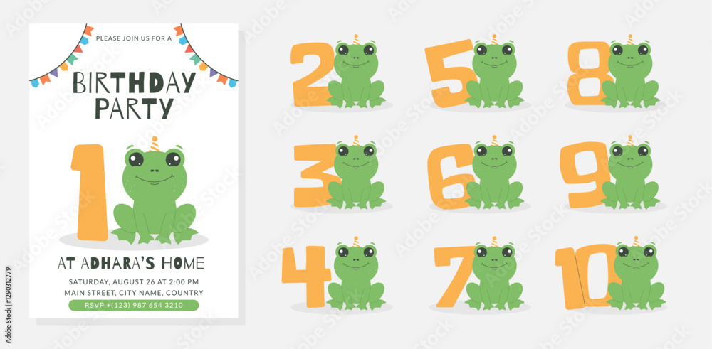 Fototapeta premium Greeting and invitation for kids Birthday party. Cute frog and set of numbers with amphibian in flat childrens style. Vector illustration collection, design for card, poster, event, banner