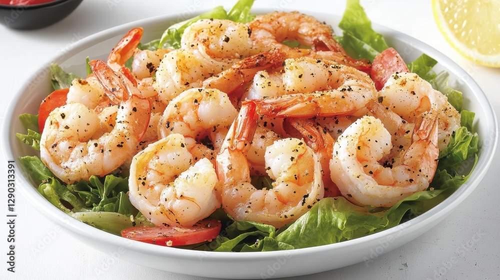 Fresh Grilled Shrimp Salad with Greens, Cherry Tomatoes, and Lemon Slice on a Bright White Background