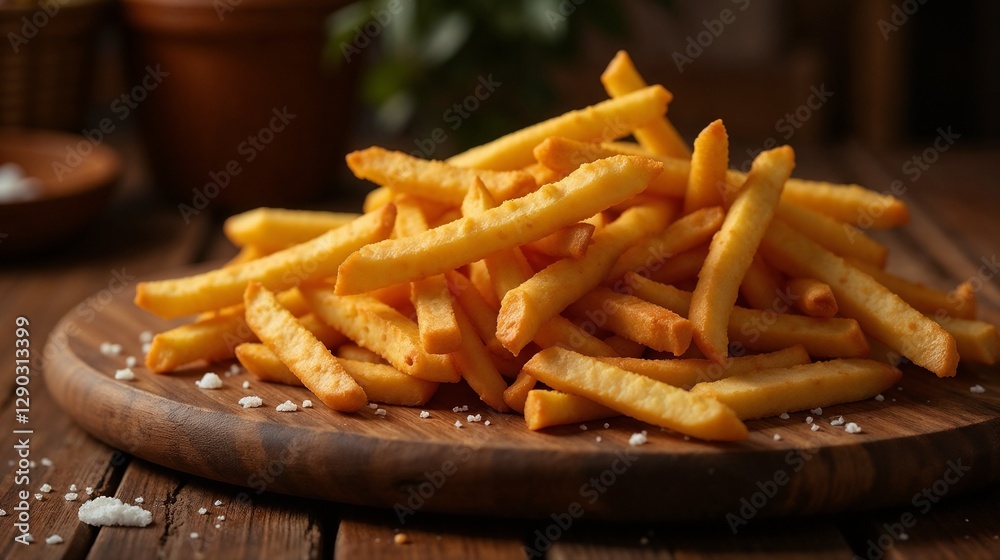 Crispy golden fries piled on a wooden serving board with a rustic atmosphere in the background