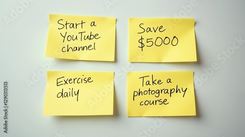 Sticky notes outline personal goals like starting a YouTube channel, saving money, exercising daily, and taking a photography course on a clean workspace
