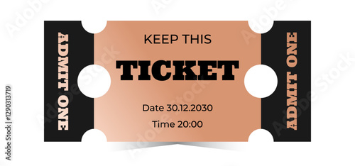 Horizontal bronze ticket template. Cinema, theater, casino, concert, opera, ballet, performance copper design. Vector flat illustration on white background