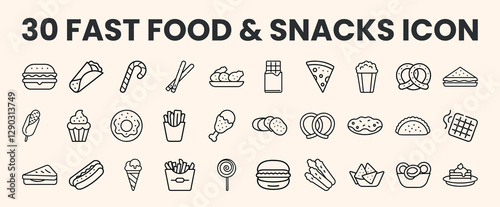 Fast food and snacks icons set. Collection of simple line art icons representing various Fast food and snacks items burger, hot dog, pizza etc vector. Icon illustration isolated on white background