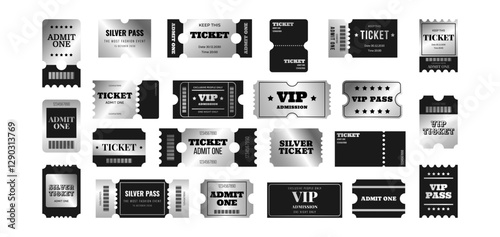 Set silver vip ticket, pass, admission, admit one, coupon, vaucher, label and more template. Chrome metal design collection. Vector illustration on white background