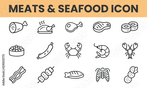 Meats and sea food  icons set. Simple black line art icons depicting various meats and seafood isolated on white background