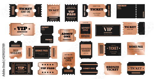 Set bronze vip ticket, pass, admission, admit one, coupon, vaucher, label and more template. Copper metal design collection. Vector illustration on white background