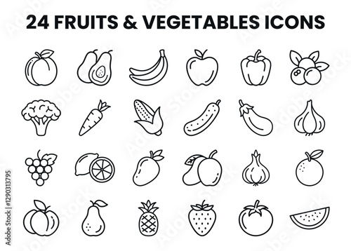 Fruits and vegetables icons set. Collection of simple line art icons representing various Fruits and vegetables items vector. 24 icons illustration isolated on white background