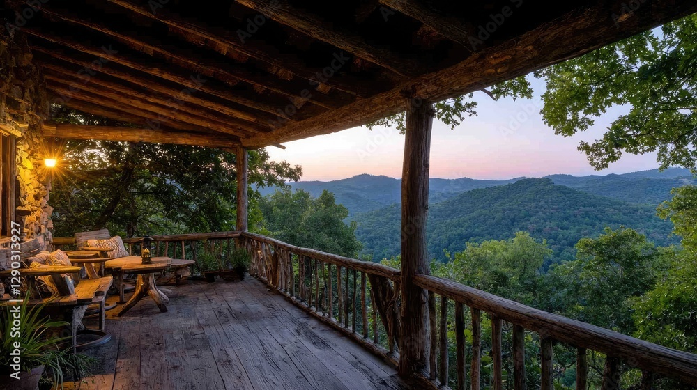 Mountain cabin porch at sunset; relaxing view; rustic charm; ideal for vacation rental Mountain cabin porch at sunset; relaxing view; rustic charm; ideal for vacation rental