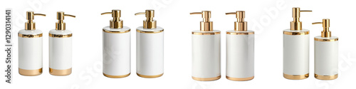 Showcasing an elegant and modern bathroom vanity in a sleek white and gold color scheme  featuring a ceramic sink  a premium faucet  a soap dispenser  and other stylish accessories