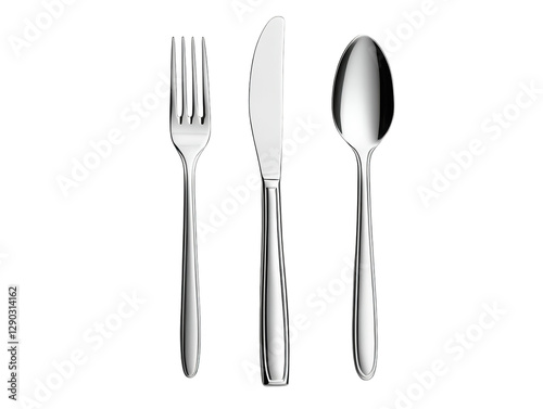 A set of silver cutlery featuring a fork, knife, and spoon, showcasing sleek and polished designs. photo
