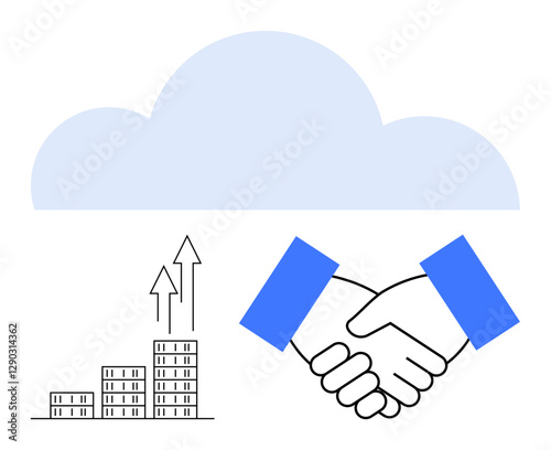 Large cloud icon above shaking hands and upward-trending graph with buildings. Ideal for data sharing, teamwork, growth, business partnerships, digital solutions, cloud computing, abstract line flat