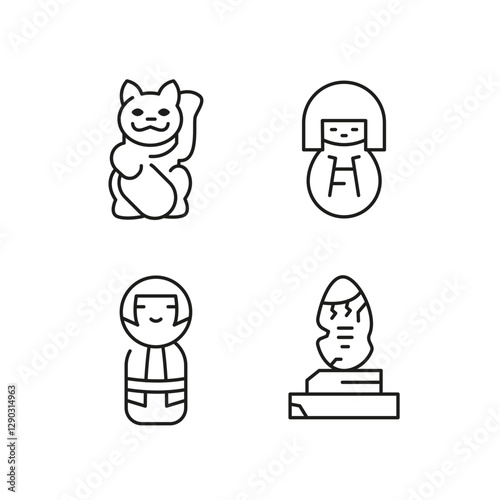 Asian toys icons. Set of 4 Asian Culture toys trendy minimal icons. Example: Temple, Uchiwa Fan. Design signs for web page, mobile app, packaging design. Vector illustration.