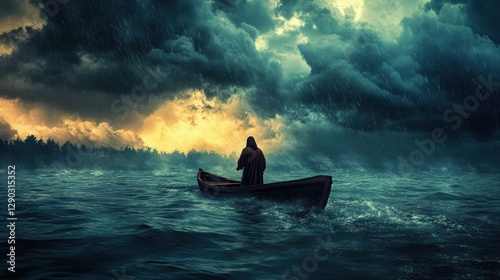 A scene of Jesus calming the storm on a lake photo