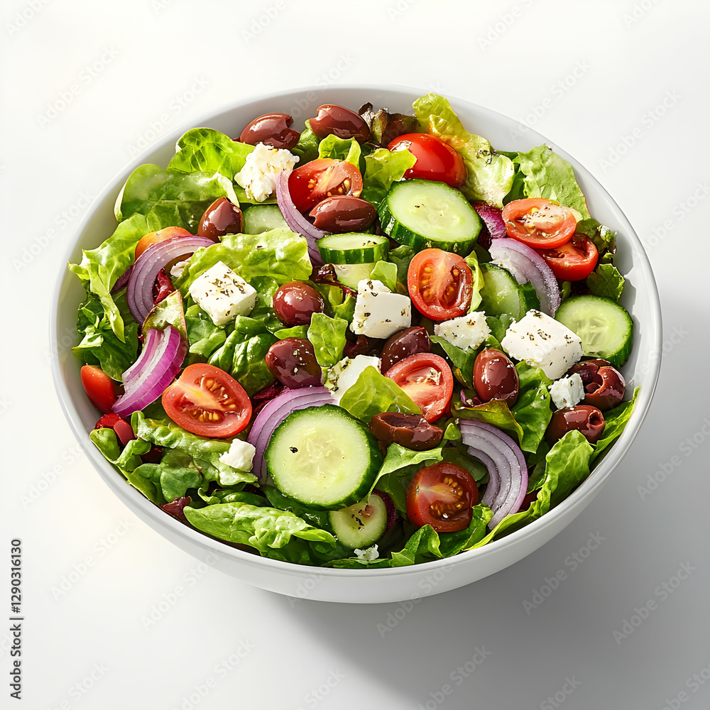 A vibrant bowl of Greek salad with crisp lettuce, cherry tomatoes, cucumbers, red onions, Kalamata olives, and feta cheese, drizzled with olive oil in a bright studio setting A vibrant bowl of Greek salad with crisp lettuce, cherry tomatoes, cucumbers, red onions, Kalamata olives, and feta cheese, drizzled with olive oil in a bright studio setting