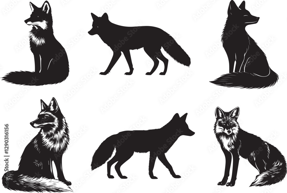 Vector collection of fox silhouettes on a white background Vector collection of fox silhouettes on a white background
